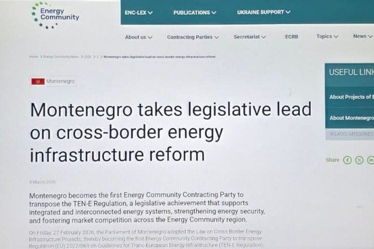 Crna Gora prva u regionu uskladila zakon o prekograničnoj energetskoj infrastrukturi sa EU