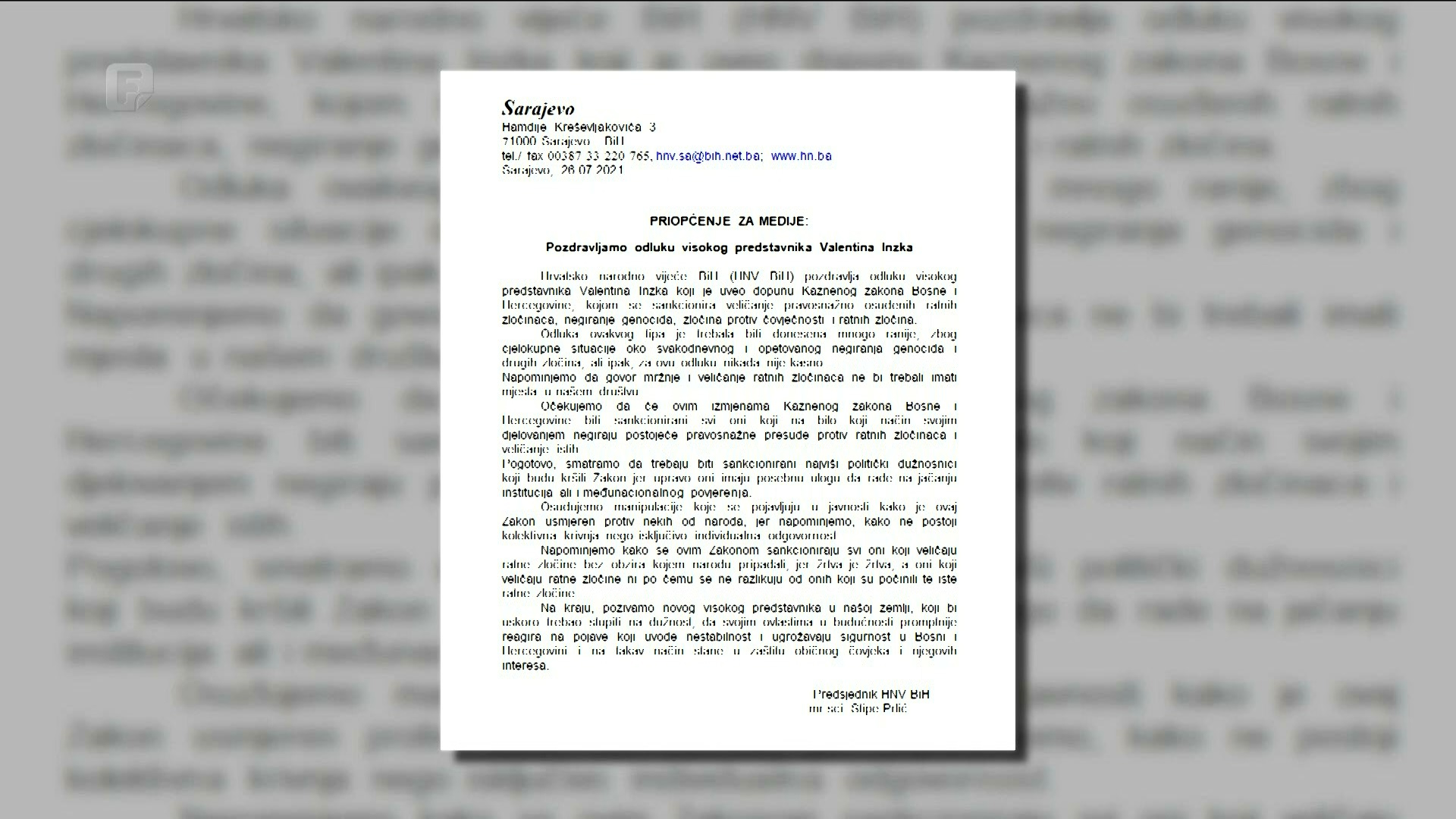 Hrvatsko narodno vijeće pozdravlja odluku Valentina Inzka