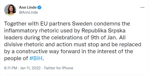 Švedska osuđuje retoriku RS-a