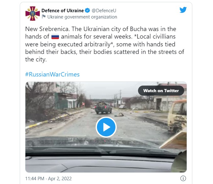 Ministarstvo odbrane Ukrajine: U gradu Buča se dogodila "nova Srebrenica"