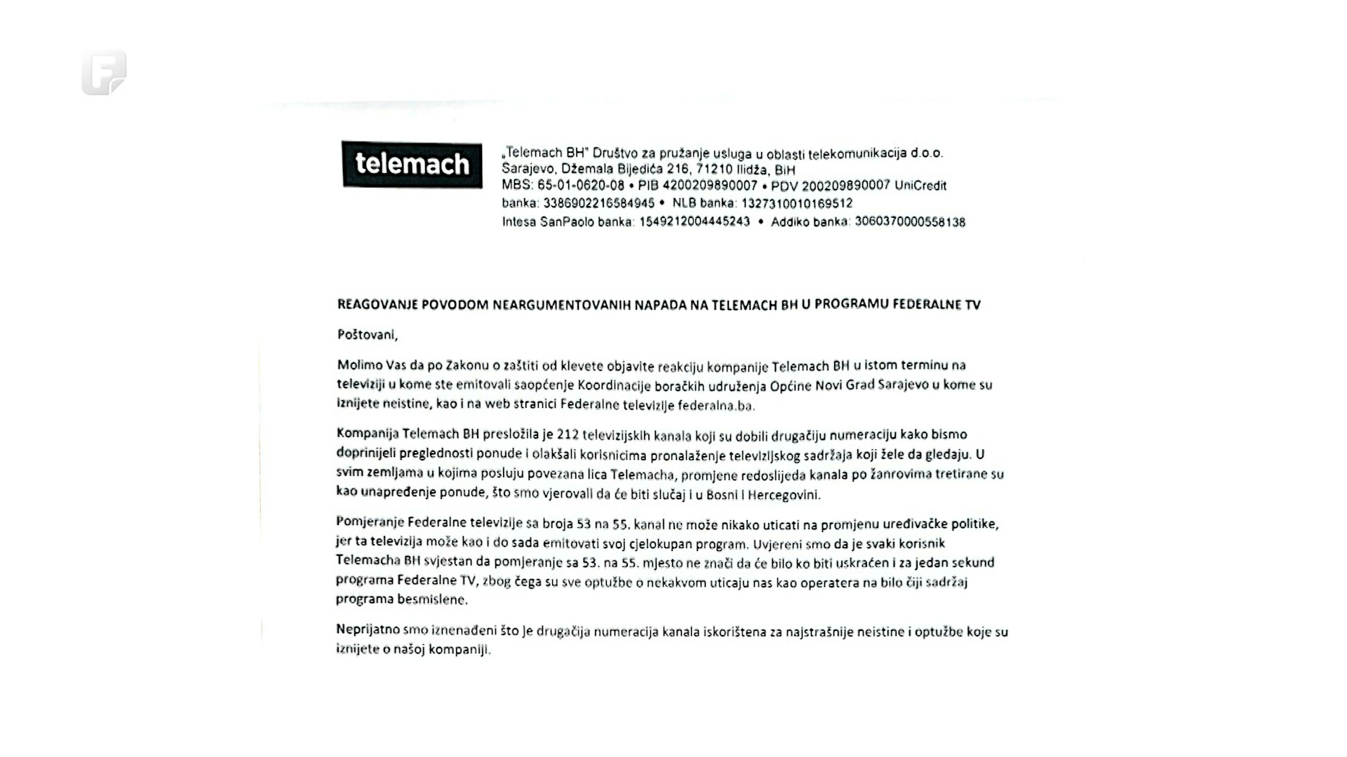 Reakcija Telemacha na saopćenje Koordinacije boračkih udruženja