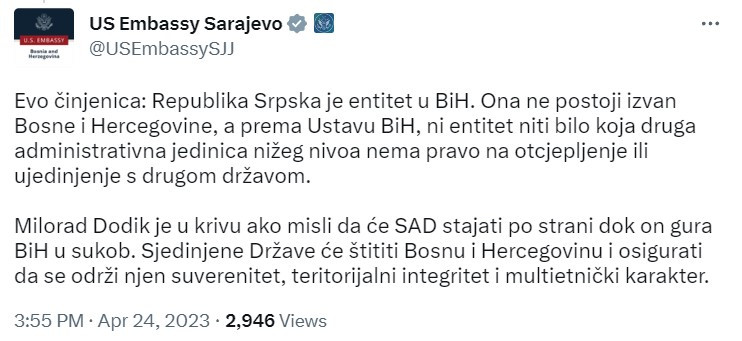 Poruka Dodiku: RS je entitet u BiH i kao takav ne može postojati izvan nje