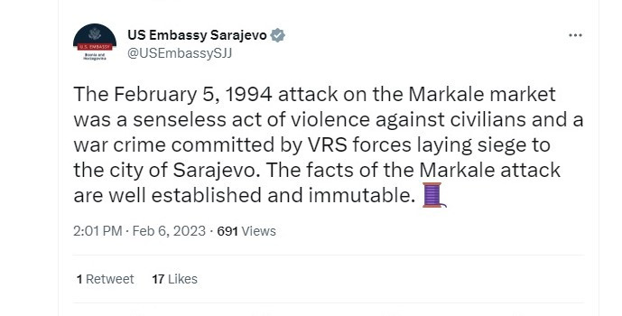 Ambasada SAD-a: Činjenice o napadu na Markale su dobro utvrđene i nepromjenjive