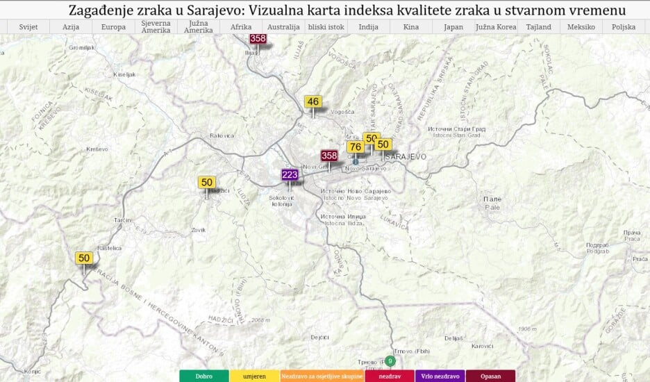 UPOZORENJE: Zrak u dijelovima Sarajeva ekstremno zagađen