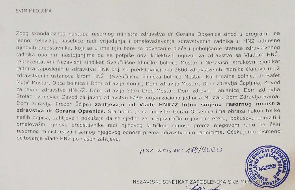 HNK: Zdravstveni radnici traže ostavku kantonalnog ministra zdravstva