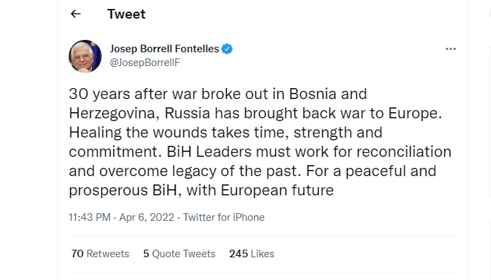 Borrell: Rusija vratila oružani sukob u Evropu 30 godina nakon rata u BiH