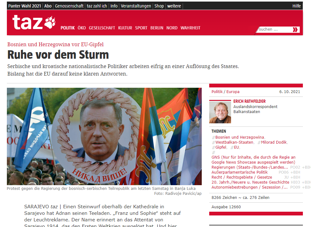 Tageszeitung: Nacionalisti rade na destabilizaciji BiH