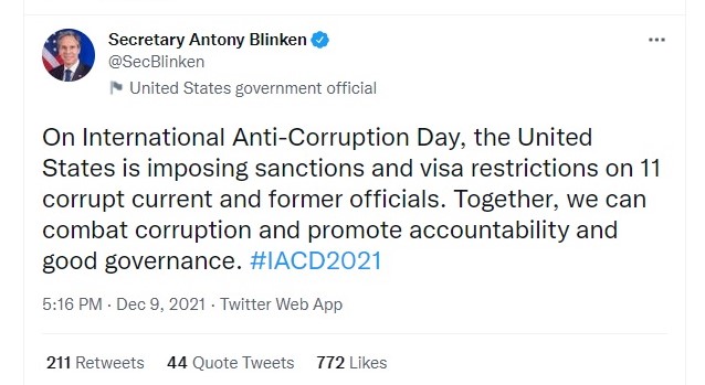 Blinken: Uvodimo sankcije za 11 aktuelnih i bivših zvaničnika