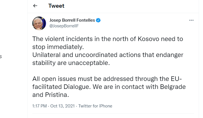 Borell pozvo na prekid nasilnih incidenata na Kosovu