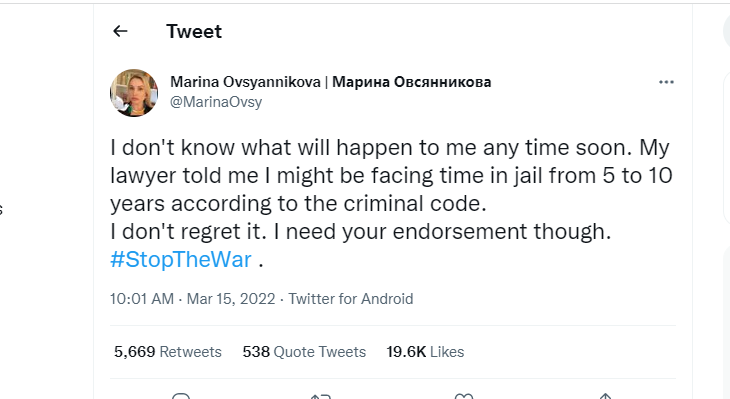 Novinarki koja je upala u program ruske TV prijeti do 10 godina zatvora