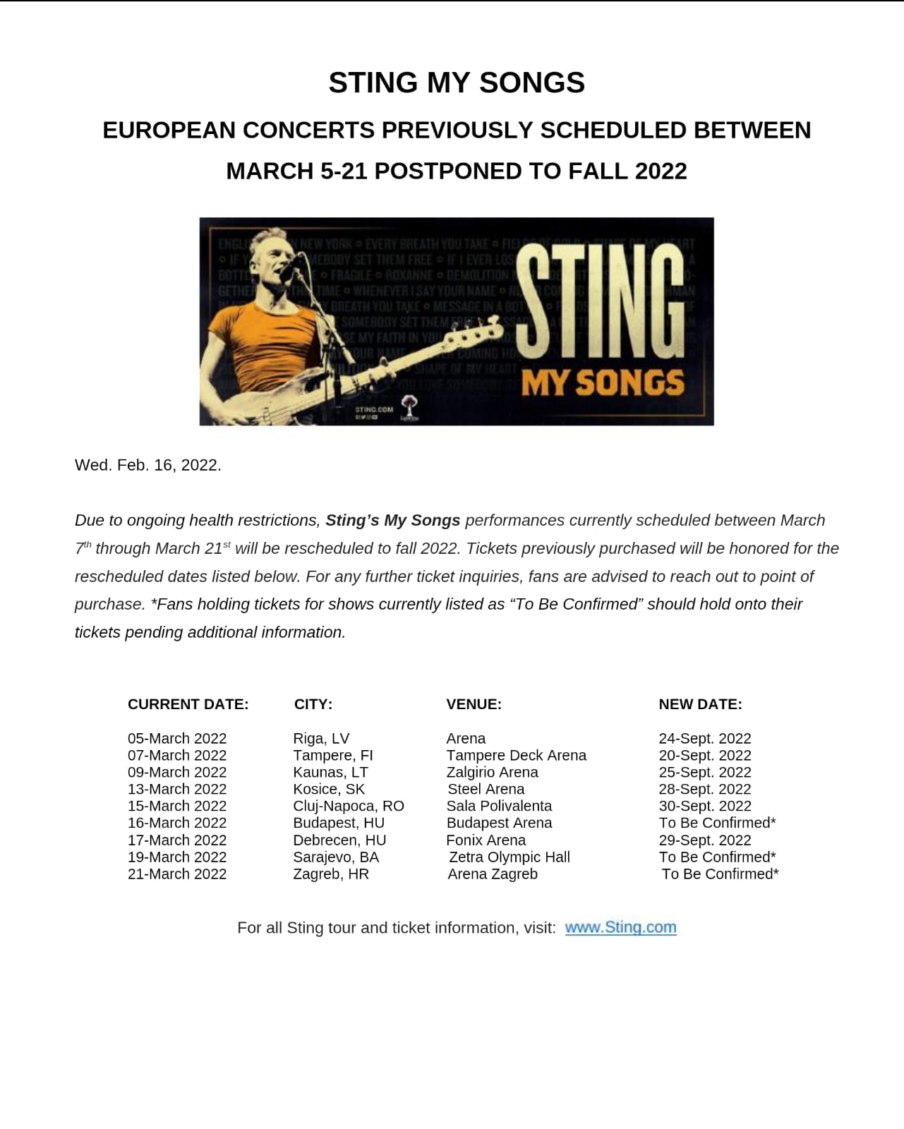 Sting odgodio martovski dio evropske turneje
