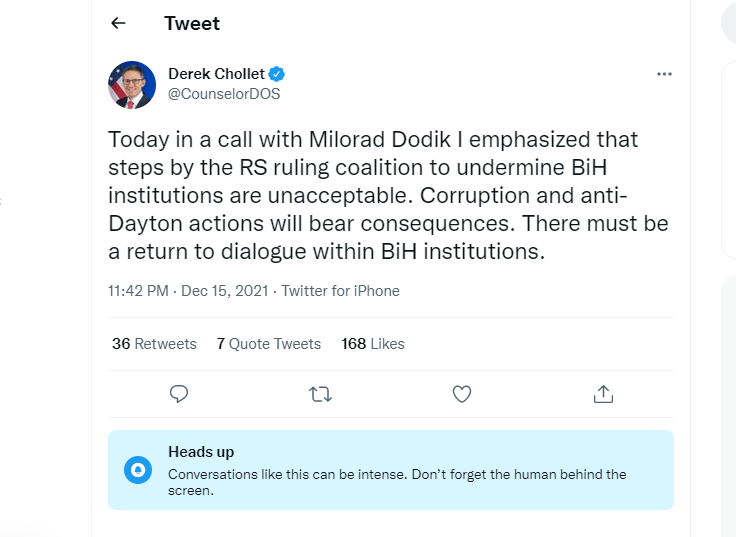 Chollet razgovarao s Dodikom:Neprihvatljivo podrivanje državnih institucija