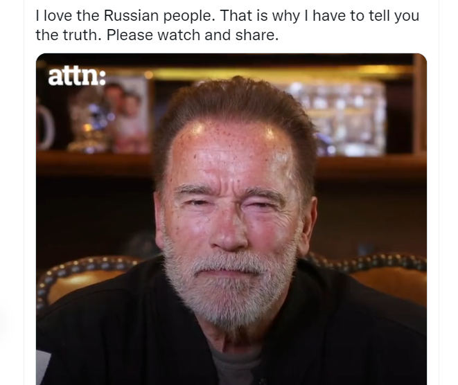 Schwarzenegger Putinu: Vi ste počeli ovaj rat, vi ga možete i zaustaviti
