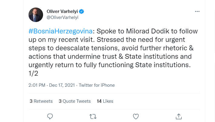 Varhelyi razgovarao sa Dodikom i pozvao na deeskalaciju napetosti