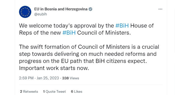 Delegacija EU o potvrdi imenovanja VM BiH: Važan posao počinje sada