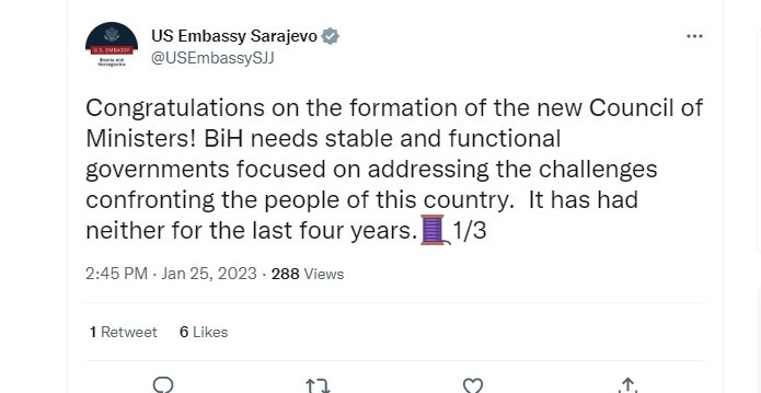 "Čestitamo novom sazivu, BiH treba stabilnu funkcionalnu vladu kakvu u protekle četiri godine nije imala"