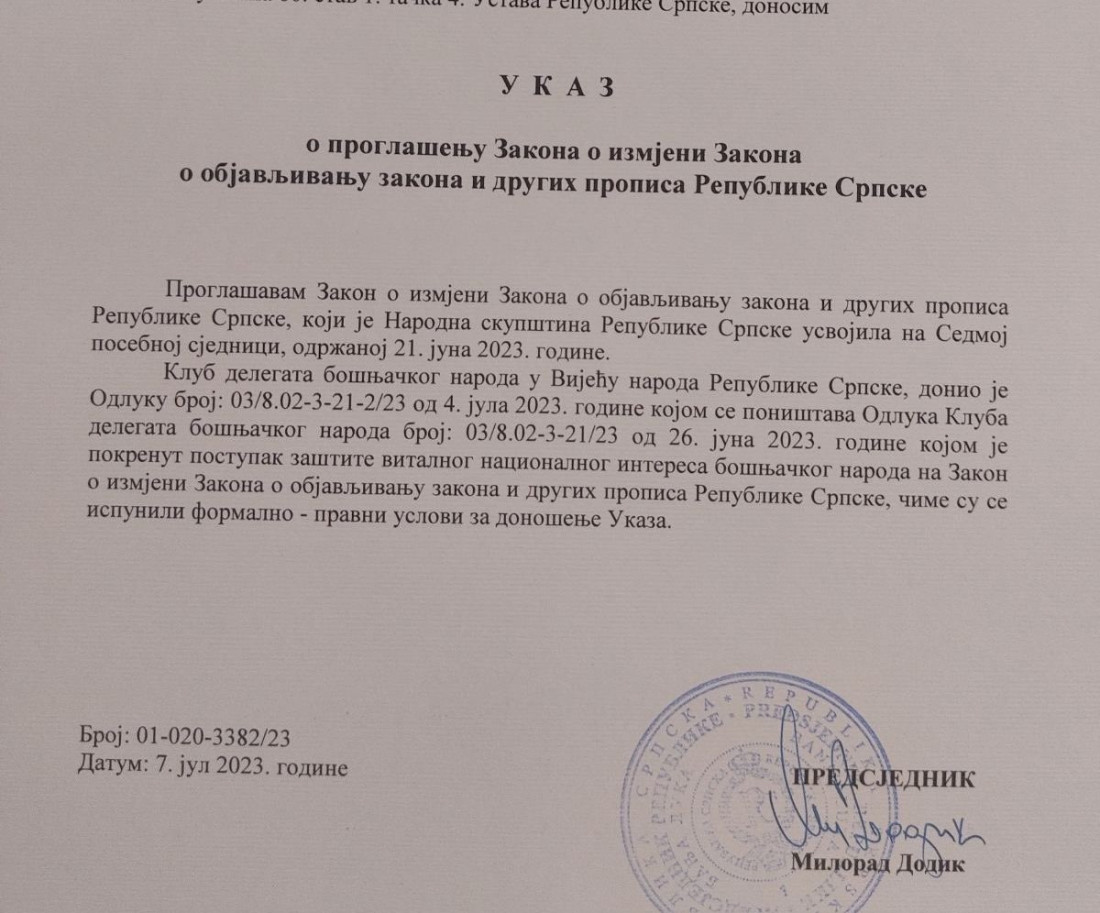 Dodik potpisao ukaz o neobjavljivanju odluka visokog predstavnika