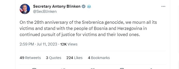 Blinken povodom godišnjice genocida u Srebrenici: Stojimo uz narod BiH u potrazi za pravdom