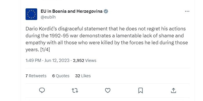 Delegacija EU u BiH o izjavi Kordića: Žalostan nedostatak srama i empatije