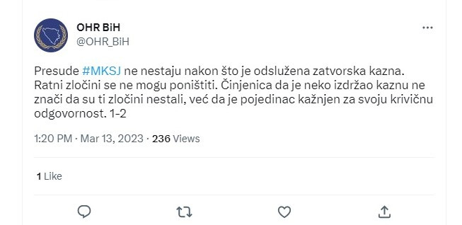 OHR: Ratni zločini se ne mogu poništiti
