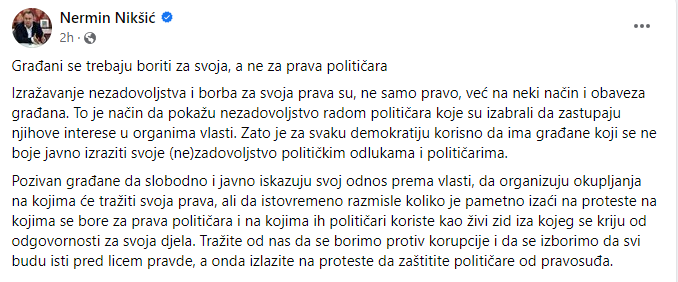 Nikšić: Građani se trebaju boriti za svoja, a ne za prava političara
