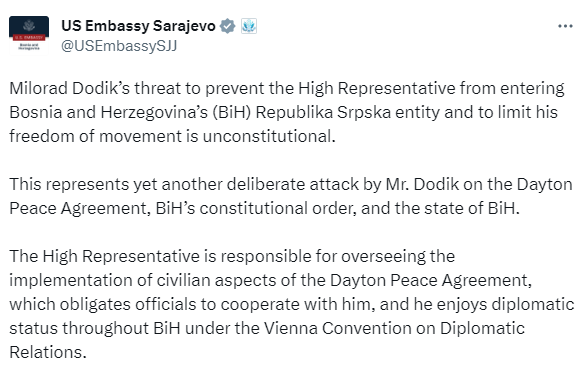 Ambasada SAD-a: Dodikove prijetnje su neustavne, nepromišljene i smiješne