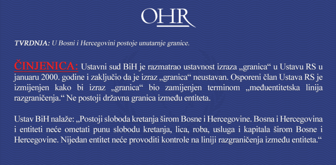 OHR: Ne postoji državna granica između entiteta