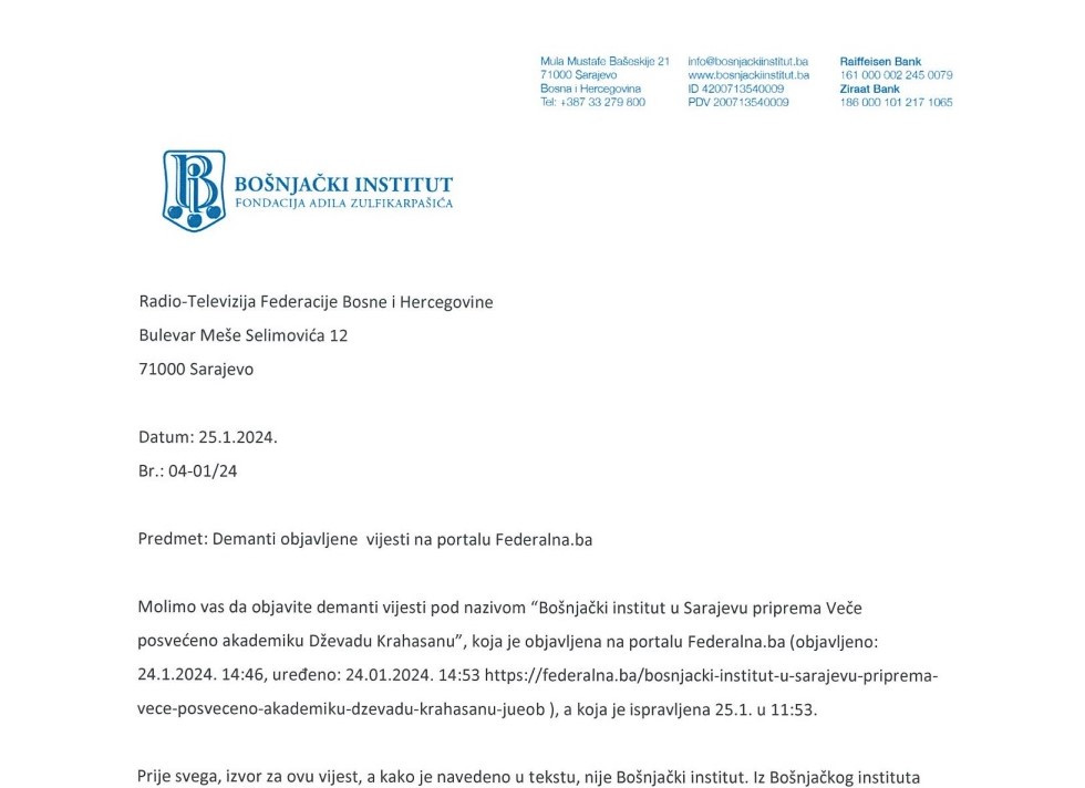Demant Bošnjačkog instituta - Fondacija Adila Zulfikarpašića na vijest objavljenu na našem portalu
