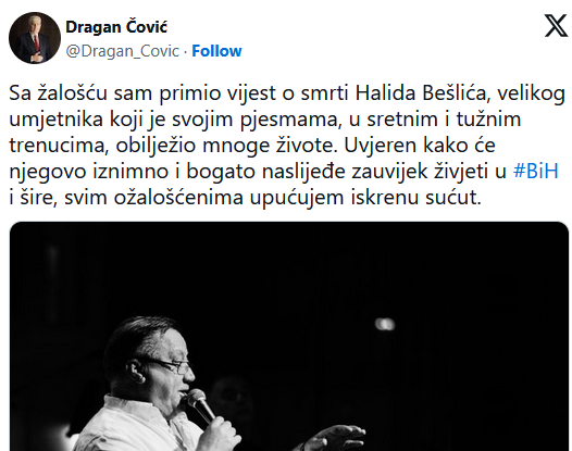 Čović: Bešlićeve pjesme obilježile su mnoge živote