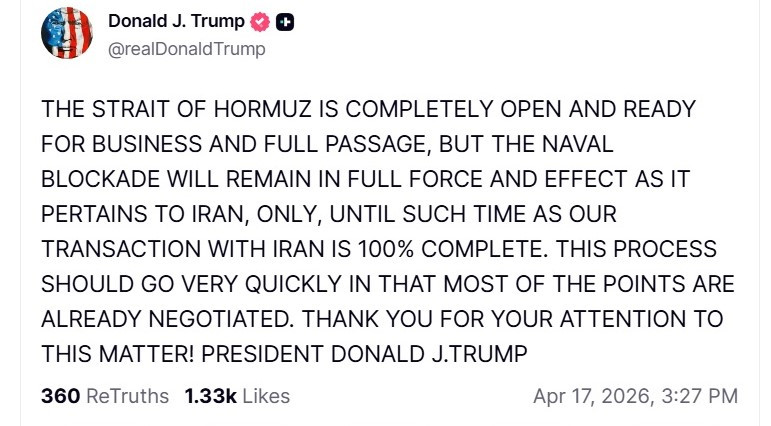 Trump: Hormuški moreuz otvoren, ali blokada protiv Irana ostaje do konačnog dogovora