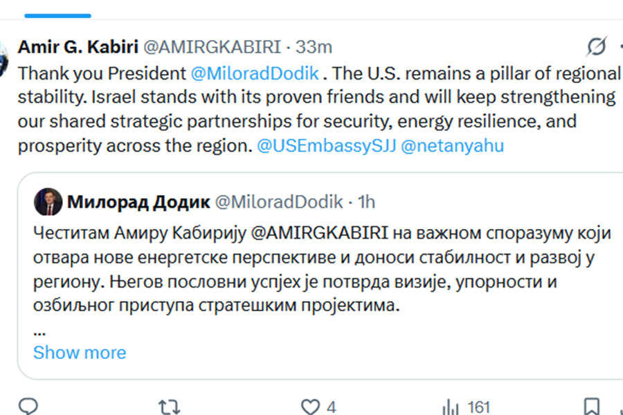 Dodik čestitao izraelskom biznismenu potpisivanje sporazuma o snabdijevanju BiH gasom