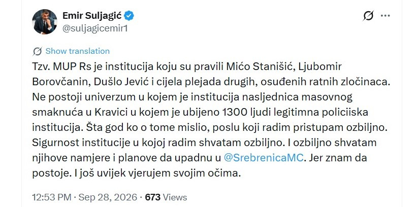 Suljagić nakon reakcije MUP-a RS: Ozbiljno shvatam njihove namjere i planove