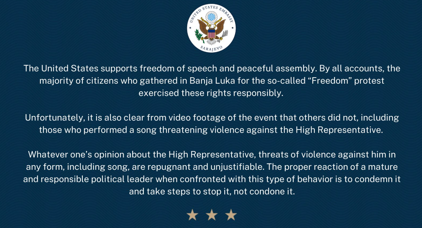 Ambasada SAD: Prijetnje visokom predstavniku su odbojne i neopravdane
