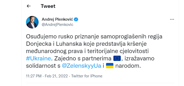 Plenković i MVP Hrvatske osudili rusko priznanje dvije samoproglašene republike na istoku Ukrajine