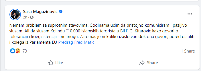 Magazinović: Nisam mogao slušati tvrdnje Grabar-Kitarović o deset hiljada islamskih terorista u BiH