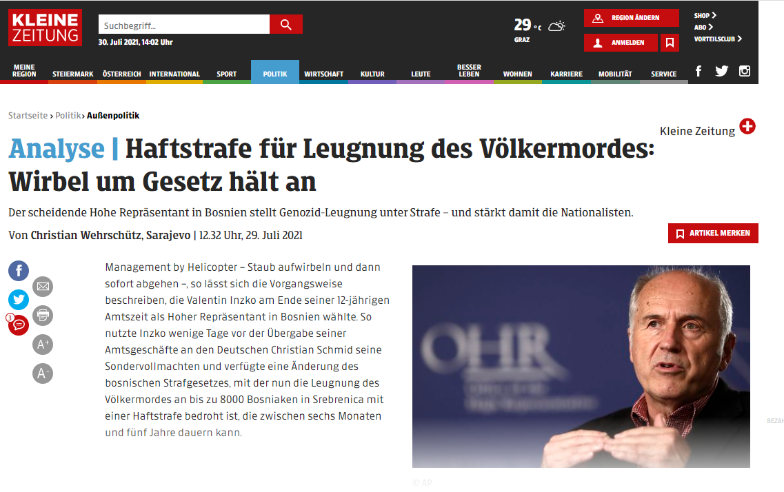 Austrijski mediji o Inzkovoj odluci: Medvjeđa usluga za BiH