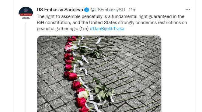 Ambasada SAD: Oštro osuđujemo ograničavanje mirnih okupljanja