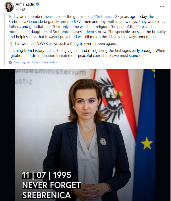 Austrijska ministrica pravde Zadić: Bol majki i kćerki Srebrenice ostavlja u nama osjećaj duboke tuge