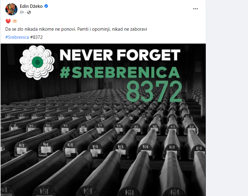 Džeko o genocidu u Srebrenici: Pamti i opominji, nikad ne zaboravi
