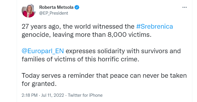 Metsola: Evropski parlament izražava solidarnost sa porodicama žrtava genocida u Srebrenici