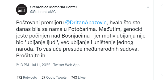 Reagiranje na govor Abazovića: Genocid jeste počinjen nad Bošnjacima