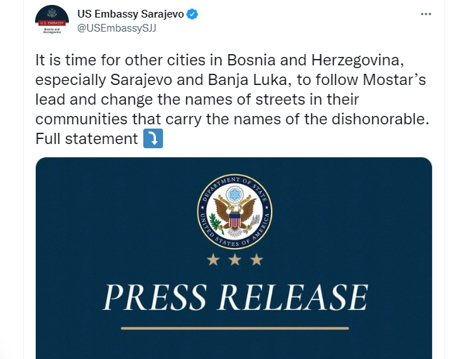Ambasada SAD-a: Vrijeme je da i drugi gradovi slijede primjer Mostara i promijene imena ulica