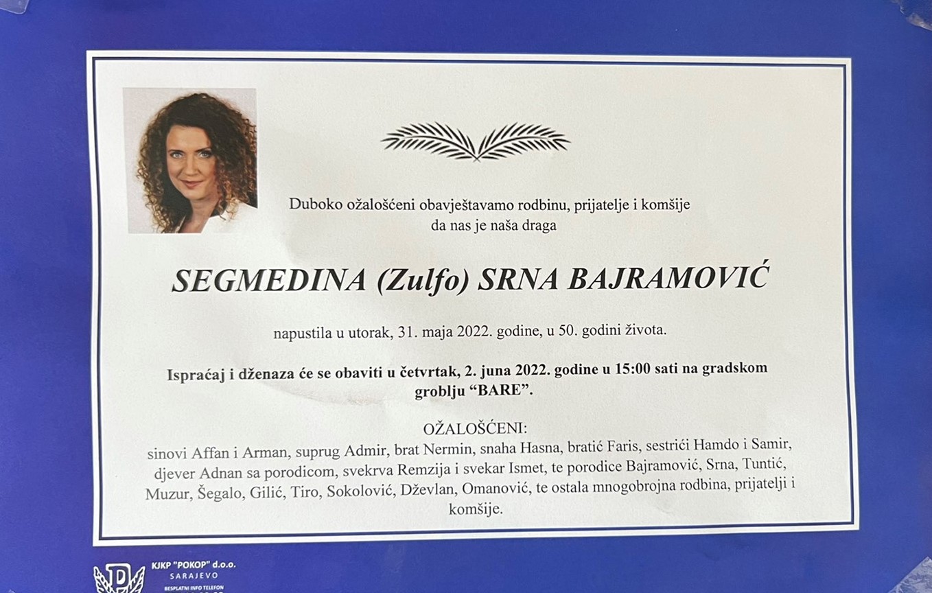 Ispraćaj i ukop Segmedine Srna-Bajramović sutra na groblju Bare