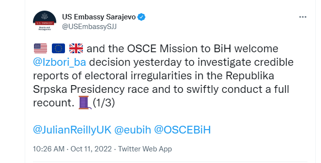 Zajednička izjava: Podrška CIK-u BiH i odluci o ponovnom brojanju glasova