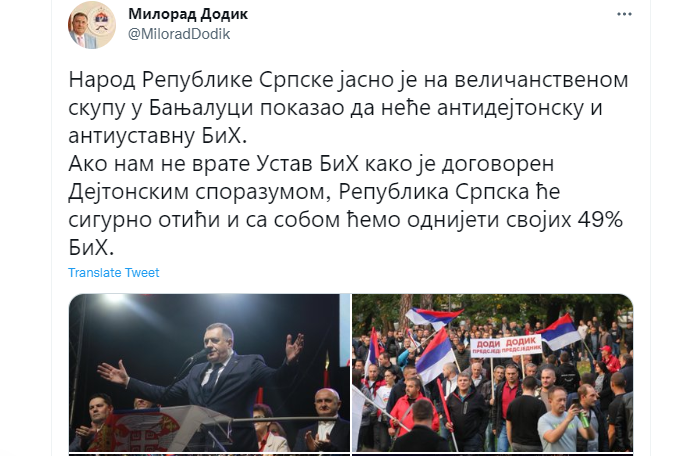 Nakon saopćenja Ambasade SAD-a Dodik ponovio: Odlazimo!
