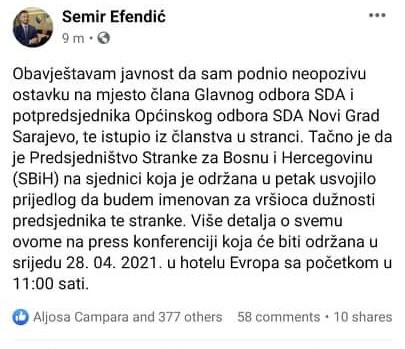 Efendić potvrdio napuštanje SDA i prelazak u Stranku za BiH