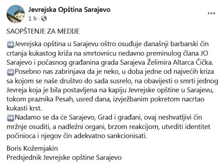 Jevrejska opština u Sarajevu osuđuje crtanje kukastog križa na smrtovnicu Čička
