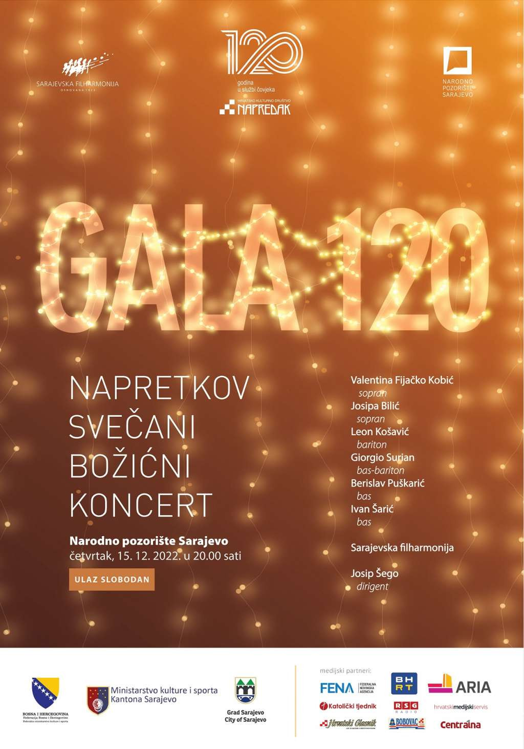 GALA 120 - Napretkov svečani božićni koncert 15. decembra u Narodnom pozorištu Sarajevo