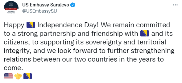 Američka ambasada uputila čestitiku povodom Dana nezavisnosti BiH