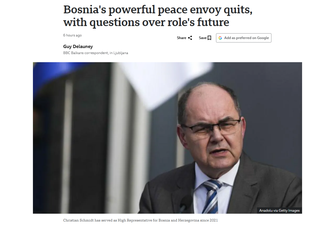 BBC o Schmidtovoj ostavci: Čini se da je izgubio podršku SAD-a zbog projekta Južna interkonekcija